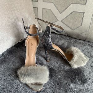 NWOT Silver Glitter and Fur Detailed Heels
